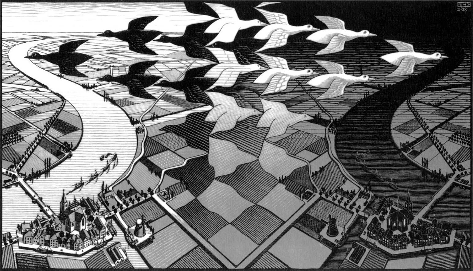 Giorno e notte, litografia, 1938. All M.C. Escher works © 2014 The M.C. Escher Company.